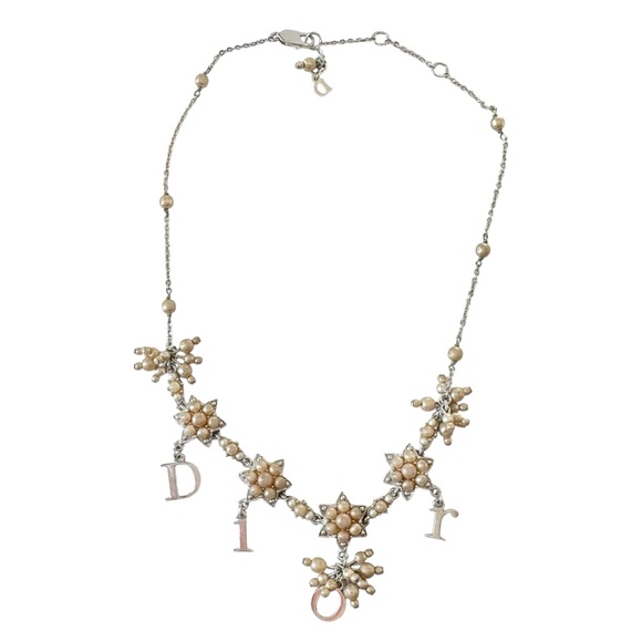 Dior Champagne Pearl & Silver Spell Out Engraved Adjustable Necklace - Picture 15 of 15